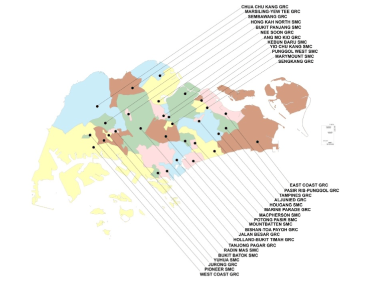懶惰製圖又不侵害版權，只好用新加坡選舉委員會（ELD）準確但簡陋地圖。